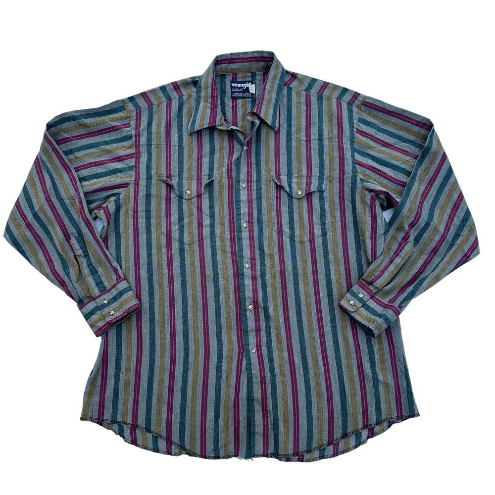 Wrangler Shirt Mens 17.5/35 Gray Stripe Cowboy‎ Cut Extra Long Tails Long Sleeve